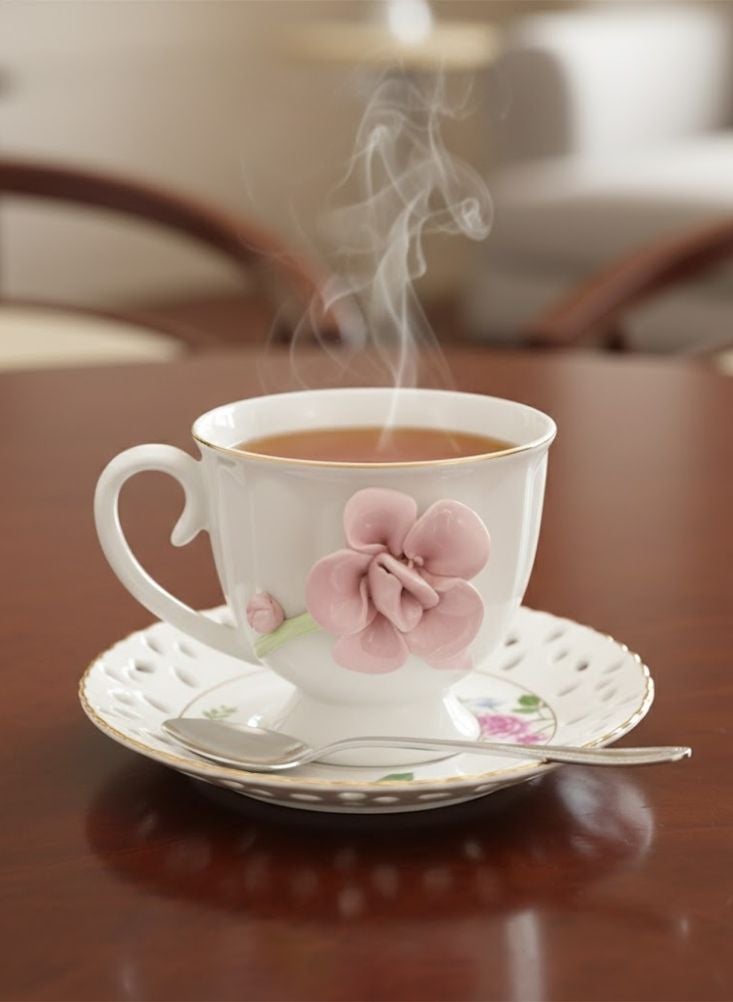 بريميم طقم فناجين شاي وصحون من السيراميك المزخرف بالزهور – ستة فناجين مع ستة صحون، مجموعة تقديم كلاسيكية - Image 2